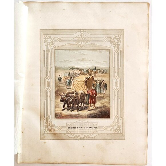 1853 Service Of The Merarites Rare Colored Engraving Victorian Bible Art DWNN23 - Picture 2 of 4